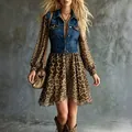 Fashionable women's denim top dress featuring leopard print skirt and long sleeves - S / Dresses / Dark Blue