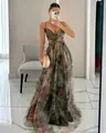 Full-length view of an elegant mesh printed maxi dress with spaghetti straps and cut-out detail - S / Dresses / Army Green