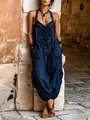 Detail view of a bohemian navy blue V-neck jumpsuit featuring intricate embroidery patterns - S / Set / Navy Blue