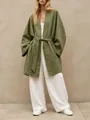 Full-body view of a loose olive green linen-style belted cardigan jacket for women. - S / Tops / Army Green