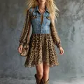 Detailed view of the leopard print chiffon skirt and denim vest fabric textures - S / Dresses / Light Blue