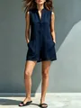 Detailed view of navy cotton-linen sleeveless romper with stand collar and buttons. - S / Set / Navy Blue