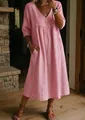 Detailed view of a pink cotton linen maxi dress with lace patchwork and casual V-neck - S / Pink