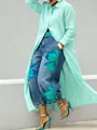 Stylish mint green long-sleeved button-up shirtdress with a flowy texture and lapel. - S / Dresses / Emerald Green