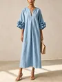 French style light blue cotton linen maxi dress with V-neck and 3D flower sleeve - Sky Blue