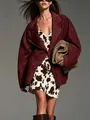 Fashionable burgundy suede long-sleeve blazer jacket for autumn and winter outfits - Burgundy