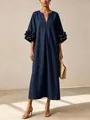 Elegant navy French cotton linen dress with distinctive 3D flower appliqués on sleeves - S / Dresses / Navy Blue