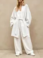 Full length view of elegant white belted kimono cardigan and wide-leg trousers - White