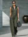 Dark green sleeveless jumpsuit with stand collar and white contrast stitching - S / Jumpsuits / Olive Green