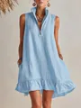 Detail of a light blue cotton linen sleeveless dress with V-neck zipper and ruffle hem - S / Dresses / Sky Blue