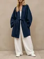 Women's loose navy blue belted wrap cardigan windbreaker jacket lifestyle detail view - Navy Blue
