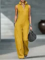 Fashionable yellow sleeveless cotton linen jumpsuit with stand collar and white stitching detail. - S / Jumpsuits / Yellow