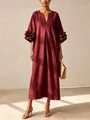 Detailed view of burgundy cotton linen maxi dress with 3D flower sleeves and V-neck - Burgundy