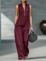 Elegant women's sleeveless burgundy cotton linen jumpsuit featuring high neck and wide legs - S / Jumpsuits / Burgundy