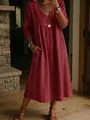Vintage red V-neck cotton linen dress with delicate lace trim and pockets - S / Dresses / Red