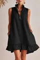 Close-up detail of a black sleeveless cotton linen summer dress featuring a ruffle hem - S / Dresses / Black