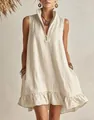 Chic sleeveless linen summer dress with zipper V-neck and ruffle hem for vacation - S / Dresses / Apricot