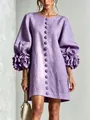 Detail of purple cotton linen dress with 3D floral sleeves and button front design - Violet