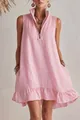 Detailed view of a pink sleeveless cotton linen V-neck dress with a stylish ruffled hem - S / Dress (CZ460) / Pink