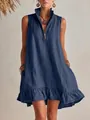 Detailed view of navy blue sleeveless linen dress with zipper V-neck and ruffle hem - S / Dress (CZ460) / Navy Blue