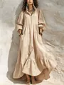 Boho beige cotton linen tiered maxi dress with ruffled hem and zipper neckline - S / Dresses / Apricot