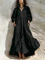 Boho μαύρο βαμβακερό λινό μάξι φόρεμα με βολάν και λαιμόκοψη με φερμουάρ - Μαύρο