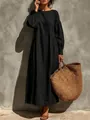Elegant black long-sleeved loose maxi dress with minimalist vacation style for women - Black