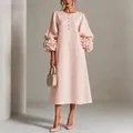 Elegantes rosa französisches Kleid mit handgefertigten 3D-Blumenmanschetten und Ärmeln - S / Kleider / Rosa