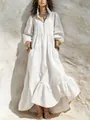 Elegant white cotton linen vacation maxi dress with tiered ruffle hem and zip collar - S / Dresses / White