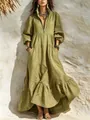Bohemian olive green linen maxi dress with ruffle hem and zipper neck for vacation - S / Dresses / Army Green