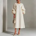 Elegantes Leinenkleid im französischen Stil mit exquisiten 3D-Blumen-Laternenärmeln. - S / Kleider / Weiß