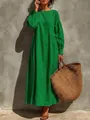 Detailed view of a green long-sleeved maxi dress featuring high-quality linen fabric - Green