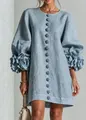 Detail of blue French linen dress with 3D floral lantern sleeves and round neck. - Sky Blue