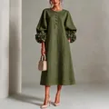 Französisches olivgrünes Leinenkleid mit 3D-Blumen-Laternenärmeln und Rundhals - Armeegrün