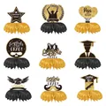Set of 9 gold and black glitter graduation party honeycomb centerpieces for table decor - Graduation Honeycomb Centerpieces (Black) / 9 Pcs Pack / Black/Gold