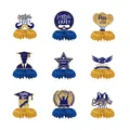 9-piece graduation honeycomb centerpieces in blue and gold with Congrats Grad designs - Graduation Honeycomb Centerpieces (Blue) / 9 Pcs Pack / Blue/Gold