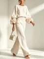 Élégant ensemble français en coton et lin avec manches à fleurs 3D et pantalon large - S / Haut Et Bas / Abricot