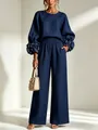Élégant ensemble en coton et lin bleu marine avec fleurs 3D et pantalon large - S / Haut Et Bas / Bleu marine