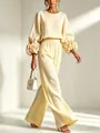 Ensemble élégant en lin style français avec manches lanterne à fleurs 3D et pantalon - Light jaune