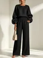 Ensemble élégant en lin noir avec manches lanterne à fleurs 3D et pantalon large fluide. - Noir