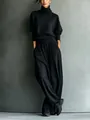 Close-up of a women's black turtleneck sweatshirt and drawstring wide-leg pants set - S / Top And Bottom / Black