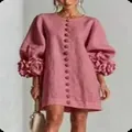 French style pink cotton-linen mini dress featuring 3D floral puff sleeves and buttons - Peach