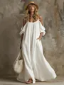 Abito lungo boho in cotone e lino bianco con dettagli a spalle scoperte per la vacanza - Taglia S / Vestiti / Bianco