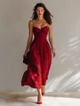 Elegant burgundy pleated midi dress with spaghetti straps worn by fashion model outdoors - S / Dresses / Dark Red