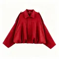 Stylish red faux suede batwing sleeve bomber jacket for women, casual autumn winter outerwear. - XS / Tops / Red
