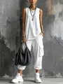 Vista completa de conjunto casual blanco para mujer con chaleco de punto y pantalón cargo de verano. - S / Top Y Pantalón / Blanco