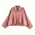 High-quality detail of the pink faux suede batwing sleeve pilot jacket texture - XS / Tops / Pink