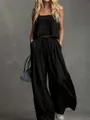 Vista dettagliata del set nero in lino con canotta e pantaloni a gamba larga - Taglia S / Top e Pantaloni / Nero