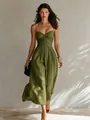 Elegant olive green midi dress with ruched bust detail and thin spaghetti straps - Olive Green