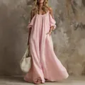 Vista completa di un elegante abito lungo rosa con spalle scoperte in cotone e lino - Rosa